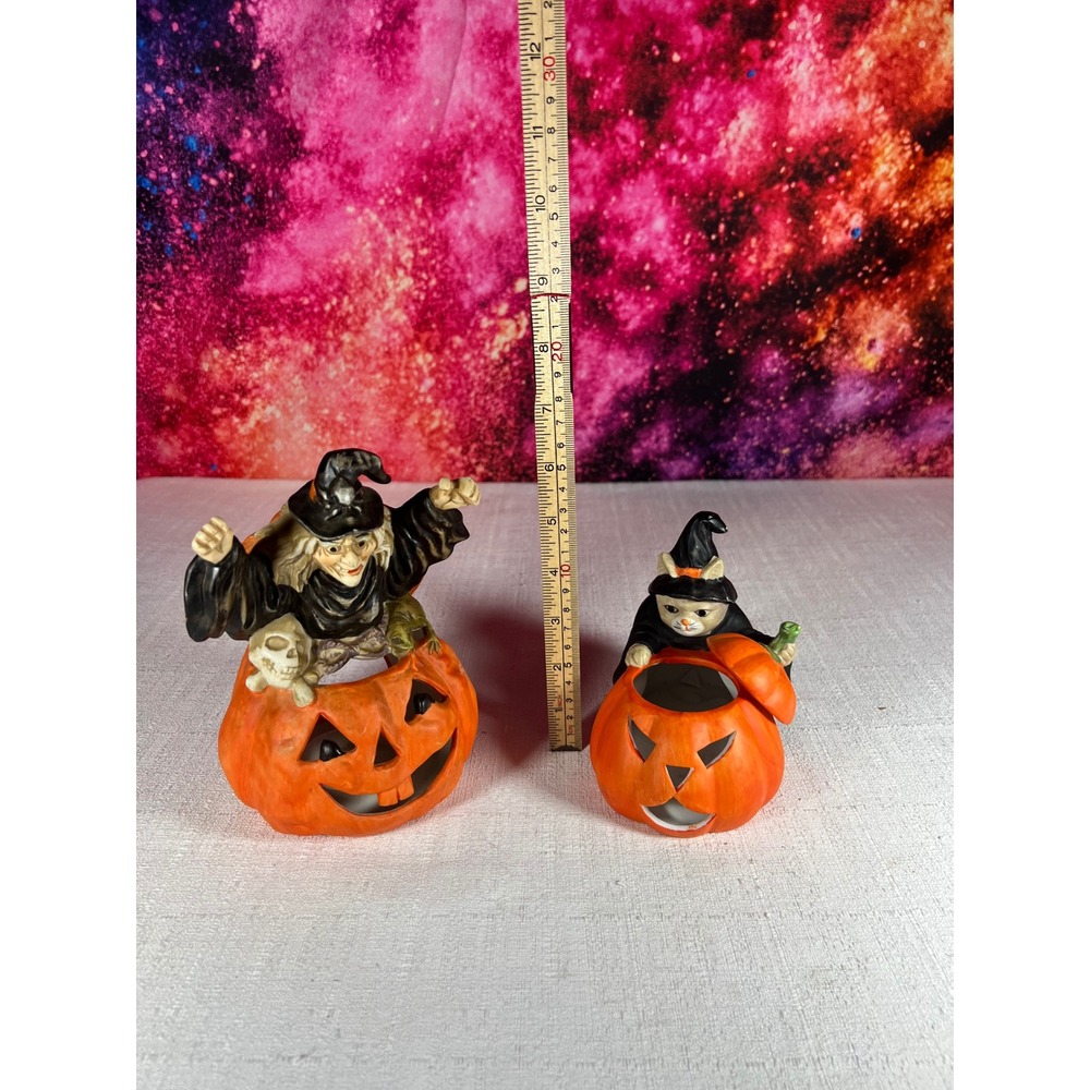 Vintage Halloween Ceramic Witch and Cat Jack-O-Lantern Tea Light Holders Set 2